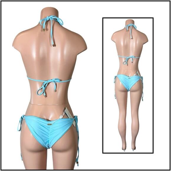 Beach Bunny Blue Icon Triangle Top & Icon Tie Side Skimpy Bottom $250 - Picture 6 of 12